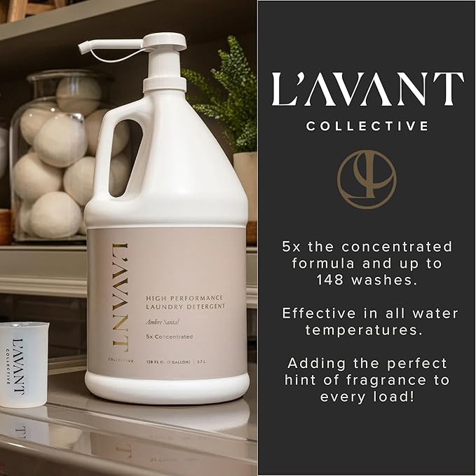 L'AVANT Collective Luxury Laundry Detergent | Ambre Santal | Natural Non-Toxic Liquid Laundry Soap with Enzymes | Bulk 1 Gallon, 5x Concentrated, Plant-Based, HE Compatible | 128 oz