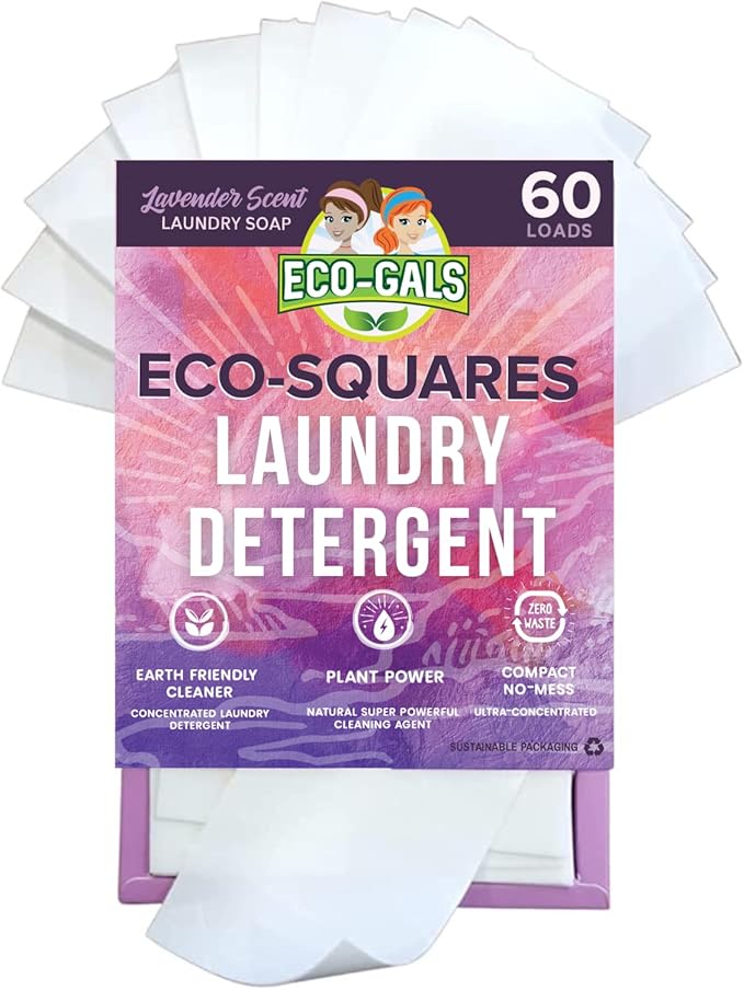 Eco-Gals Eco-Squares laundry detergent sheets with zero waste dry soap technology for cleaning linen and clothes in regular and high efficiency top and front load washing machines, Lavender