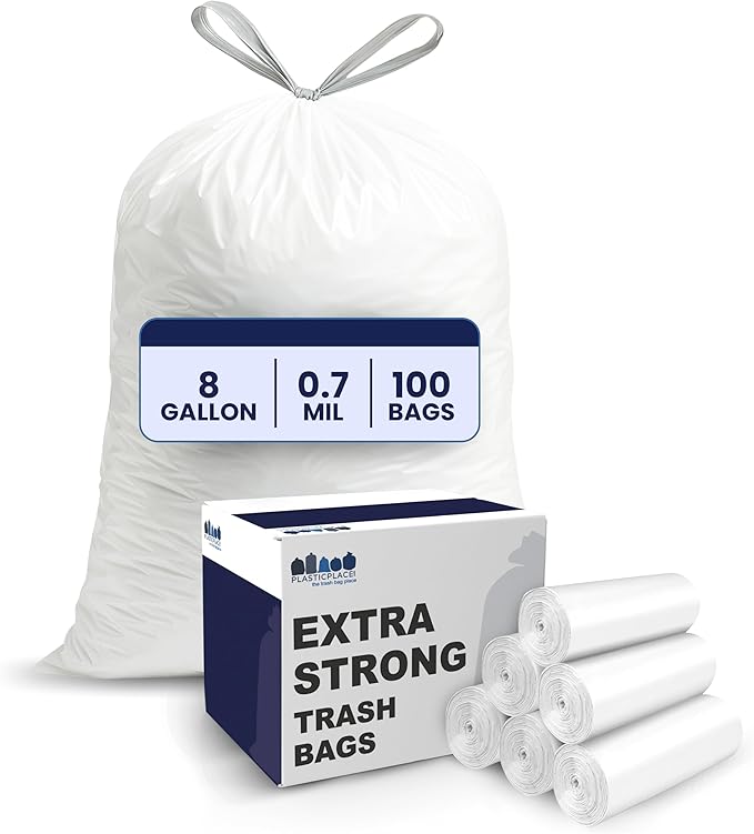 Plasticplace 8 Gallon Trash Bags: Premium White Drawstring Garbage Bag, 0.7 Mil Thickness, Durable Trash Can Liners, Garbage Bags for your Trash Can, Ring Size 22" x 22" (Pack of 100)