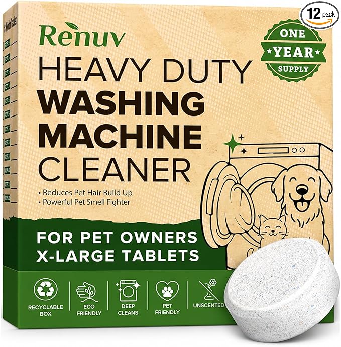 Renuv® Heavy Duty Washing Machine Cleaner For Dog & Cat Hair, Stink, Odor, Residue, Grime - For Front Load or Top Load Washer. HE and Septic Safe For Pet Owners. (12 XL Tablets - 1 Year Supply)