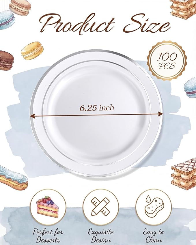 bUCLA 100Pieces Silver Plastic Plates - 6.25inch White with Silver Rim Disposable Salad/Dessert/Appetizer/Small Cake Plates for Weddings, Parties&Gathering