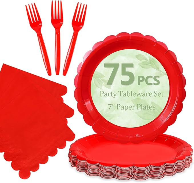 Mulbozy 75 Red Plates and Napkins Disposable Set Includes 25 Dessert Cake Scalloped Plates, Cocktail Napkins & Forks, for Fork 25 Guests Holiday Party Supplies.