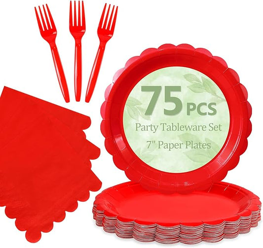 Mulbozy 75 Red Plates and Napkins Disposable Set Includes 25 Dessert Cake Scalloped Plates, Cocktail Napkins & Forks, for Fork 25 Guests Holiday Party Supplies.