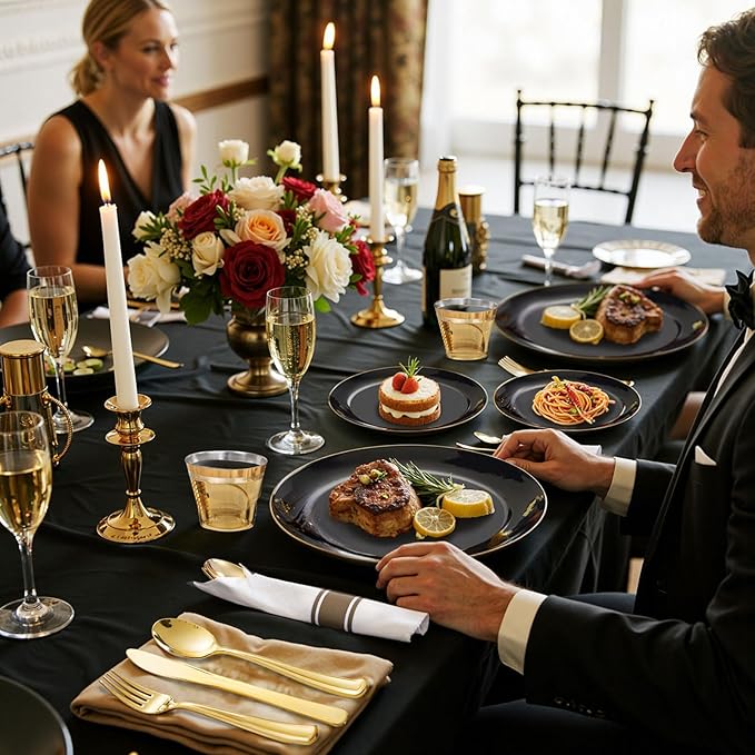 KIRE 200Pcs Black Plastic Plates - Black and Gold Plates Disposable for Party - Include 100 for Dinner and 100 for Dessert for Birthday/Wedding/Graduation/Father's Day