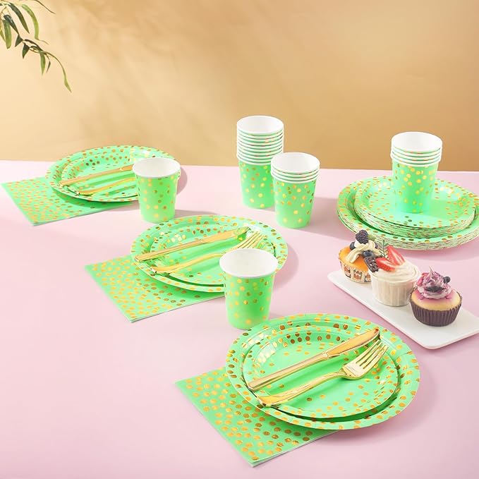 Green Paper Plates, 168 Pcs Lime Green Plates and Napkins Party Supplies, Birthday Plates Serve 24, for St Patricks Day, Graduation Party Decorations