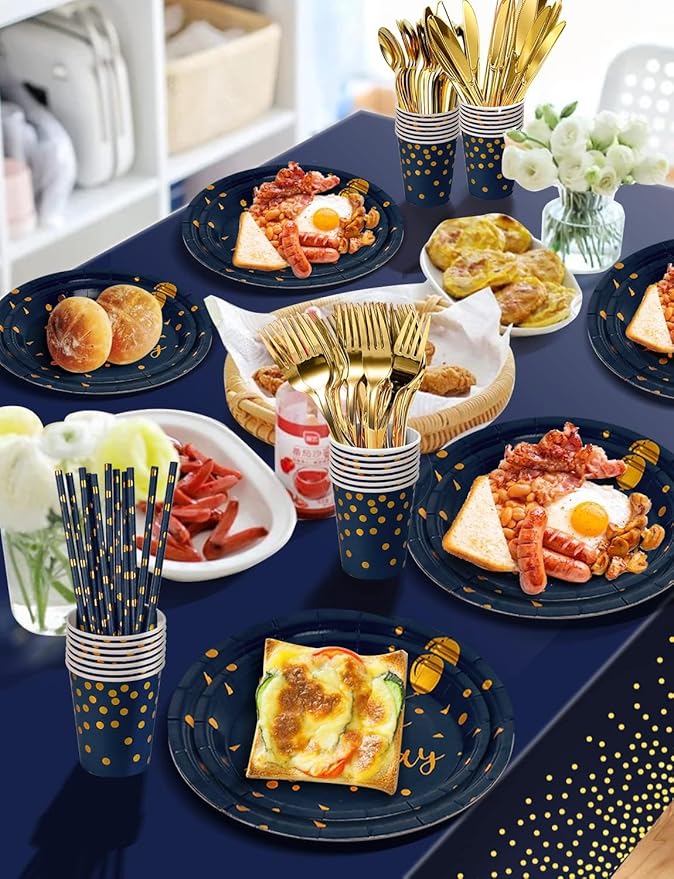 Nkaiso Birthday Party Tableware, 161 Pieces Navy Blue Gold Party Supplies, Party Dinnerware Sets Include Paper Plates Napkins Cups Silverware, for Shower Engagement Parties Decoration -20 Serves