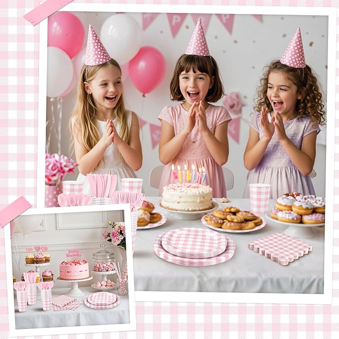 NatNarr 175 Pcs Pink Gingham Party Supplies Include Pink Gingham Plates and Napkins Cups Disposable Checkered Dinnerware Set for Picnic, Baby Bridal Shower, Wedding Decorations