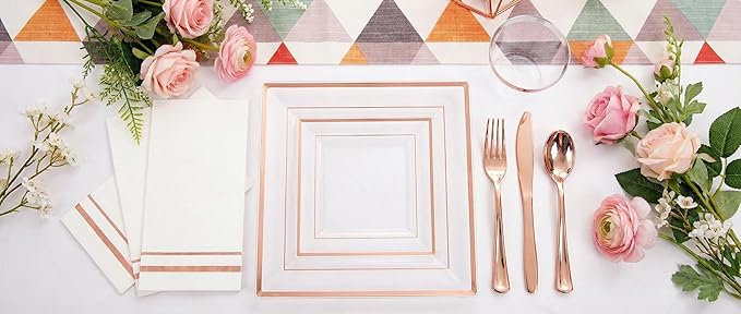 Festiva 350Pcs Rose Gold Plastic Plates - Clear Rose Gold Disposable Dinnerware Sets for 50Guests include 100 Plates 50 Cups 50Plastic Cutlery 50Napkins for Party&Wedding& Mother's Day