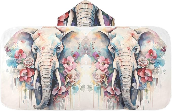 Hooded Towel for Kids Colorful Elephant with Flowers Beach Wrap Bath Towels 50x23.5in