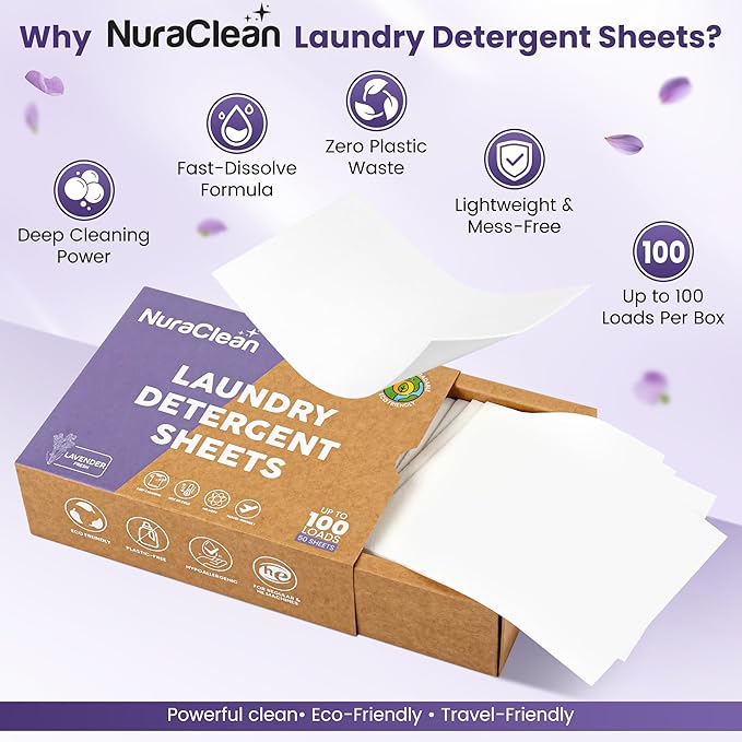 Laundry Detergent Sheets, Lavender Fresh – 50 Sheets (Up to 100 Loads), Powerful Clean, HE Compatible, Hypoallergenic, Plastic-Free, Eco-Friendly, Travel Friendly (Lavender)