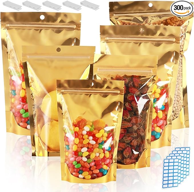300 Pcs Mylar Bags for Food Storage 4x6 Mylar Bag with Window Stand Up Small Resealable Bags Smell Proof Bag Food Packaging for Small Business Freeze Dried Candy Jewelry Foil Packaging Gold