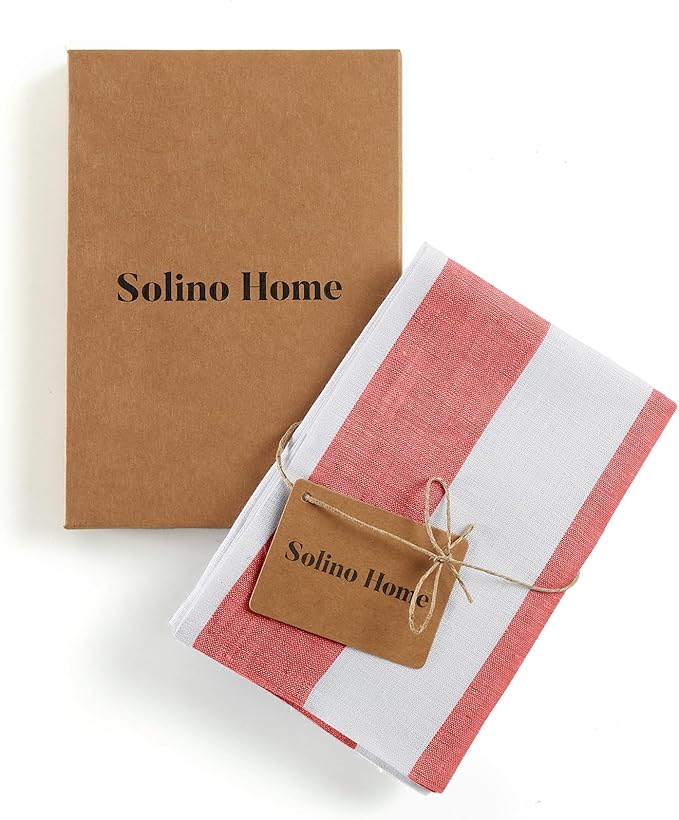 Solino Home Red and White Linen Kitchen Towels Set of 2-100% Pure Linen 17 x 26 Inch Cabana Stripe Tea Towels with Hanging Loop - European Flax Kitchen Dish Cloth - Quick Dry & Machine Washable