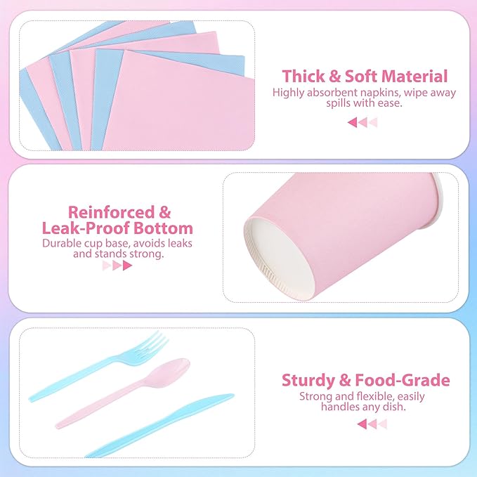 Kochorie 350 Pieces Gender Reveal Dinnerware Set, 7 & 9 inch Light Pink Light Blue Paper Plates Cups Napkins Plastic Cutlery Disposable Party Supplies for Birthday Baby Shower, Serve 50 Guests