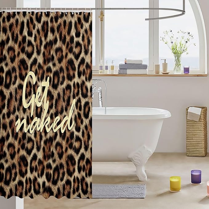 Feelyou Leopard Print Get Naked Shower Curtains Funny Quotes Bathroom Curtain for Kids Women Men Brown Bathroom Accessories Cheetah Waterproof Polyester Fabric for Stalls Bathtubs 72"x72"