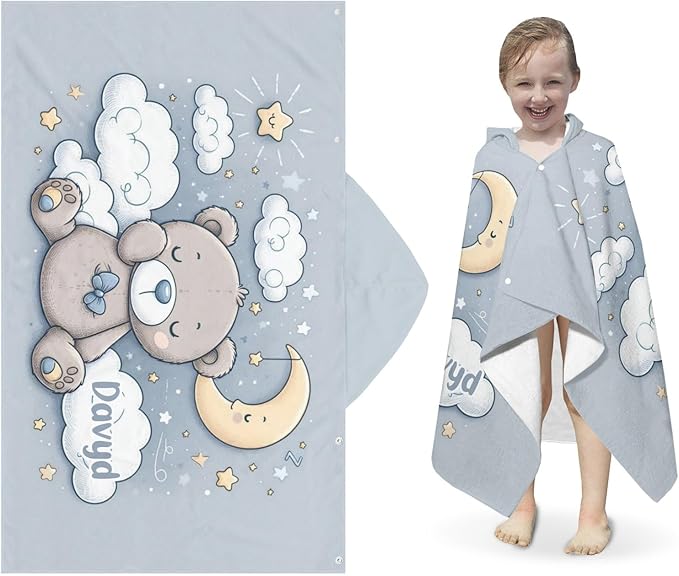 Night Teddy Bear Personalized Kids Hooded Towel with Name Soft Absorbent Beach Pool Bath Towels Hood Poncho for Boys Girls