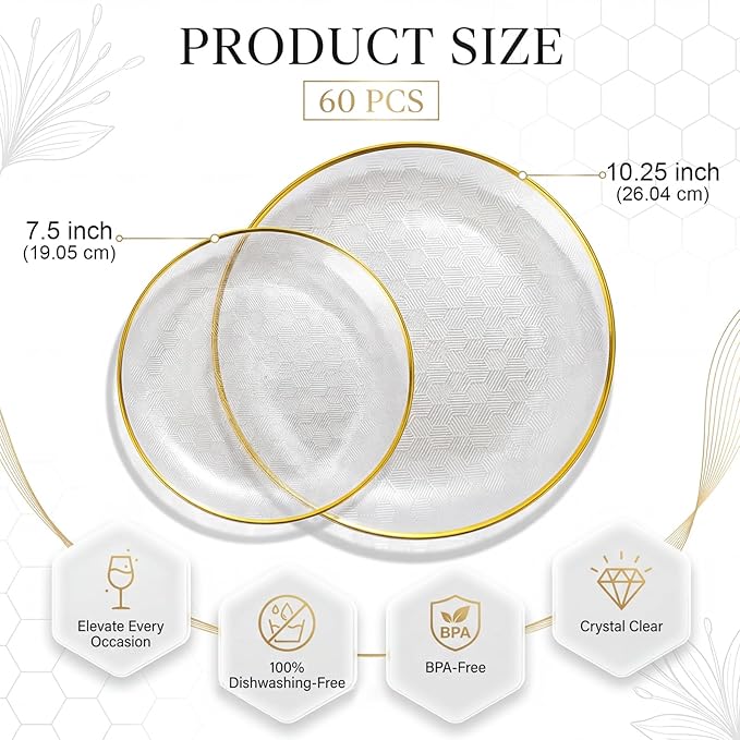 Festiva 60PCS Clear Ivory Plastic Plates with Gold Rim - Heavy Duty Fancy Disposable Plates - Serve for 30 Guests Include 30PCS 10.25" & 30PCS 7.5" Honeycomb Design Plates for Bee Party