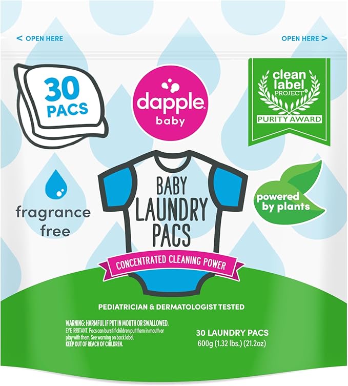 Dapple Baby Laundry Detergent Pacs - 30 Count - Fragrance-free Laundry Pods for Sensitive Skin - Plant-Powered Stain Remover - Newborn Essentials