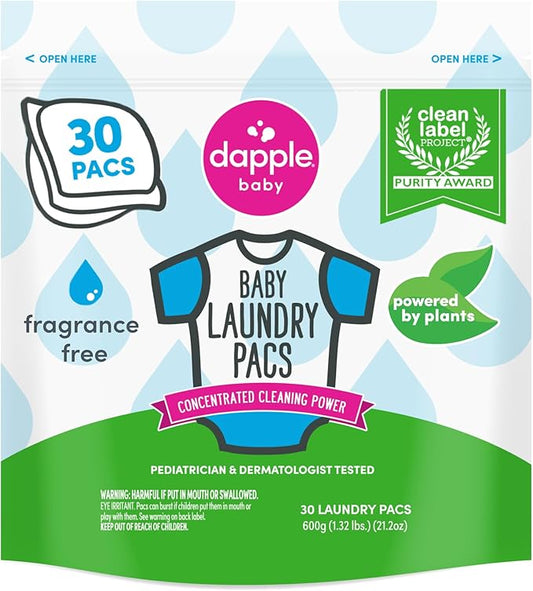 Dapple Baby Laundry Detergent Pacs - 30 Count - Fragrance-free Laundry Pods for Sensitive Skin - Plant-Powered Stain Remover - Newborn Essentials