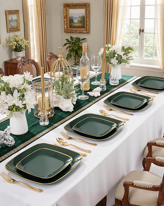 bUCLA 100PCS Green and Gold Plastic Plates - Heavy Duty Square Green Disposable - Include 50 Dinner & 50 Dessert Plates for Party & Christmas