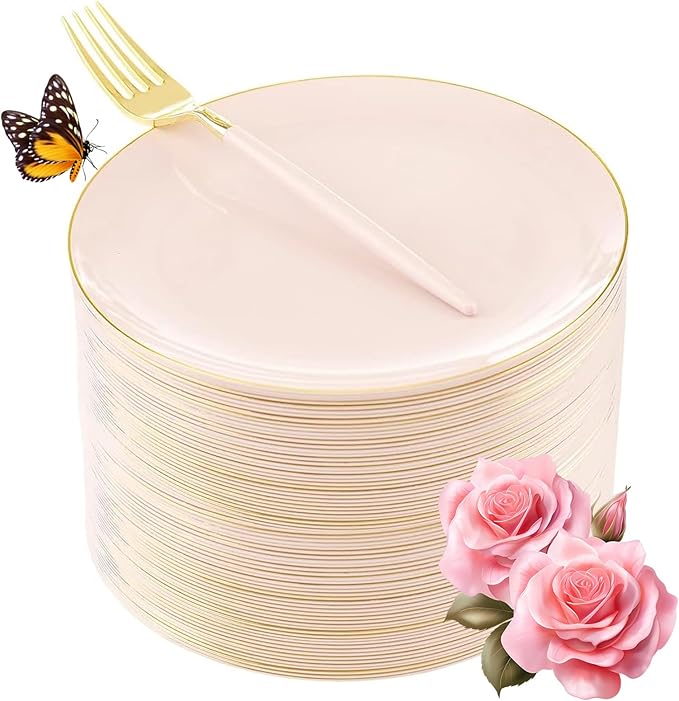 LIYH 96 Pcs Pink and Gold Disposable Plastic Dessert Plates and Forks Set - 7.5" Plastic Appetizer Plates & 9" Gold Cake Forks for Tea Parties, Birthdays, Baby Shower 48 Guests