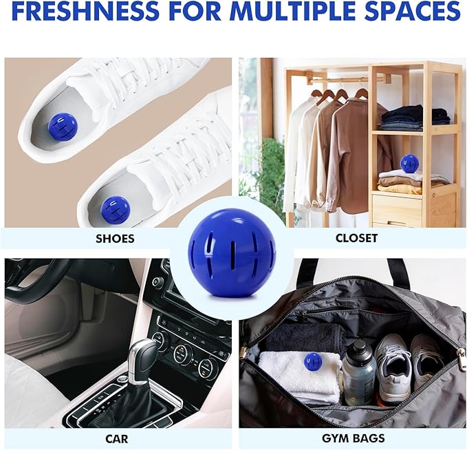 Sneaker Deodorizer Shoe Freshener Balls 6 Pack Fresh Scent, Small Spaces Odor Eliminator for Gym Bags, Cars and Lockers, Long-Lasting Odor Control, No Twist Just Drop In