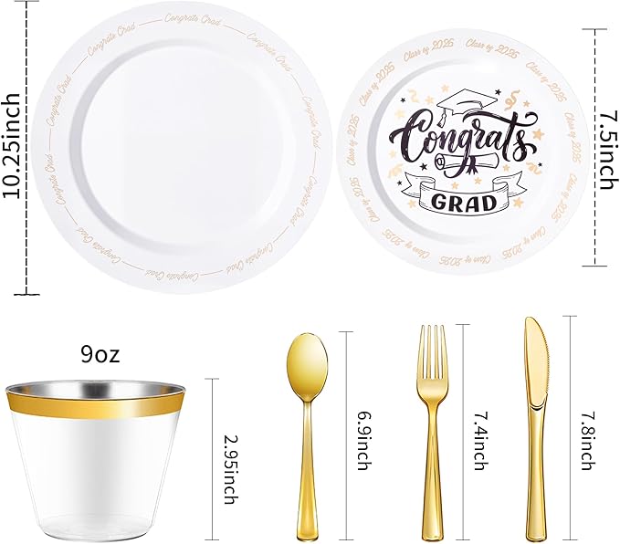 Goodluck 350 Piece Graduation Gold Plastic Dinnerware Set for 50 Guests, Congrats Grad Disposable Plates Include: 50 Dinner Plates, 50 Dessert Plates, 50 Cups, 50 Pre Rolled Napkins with Silverware