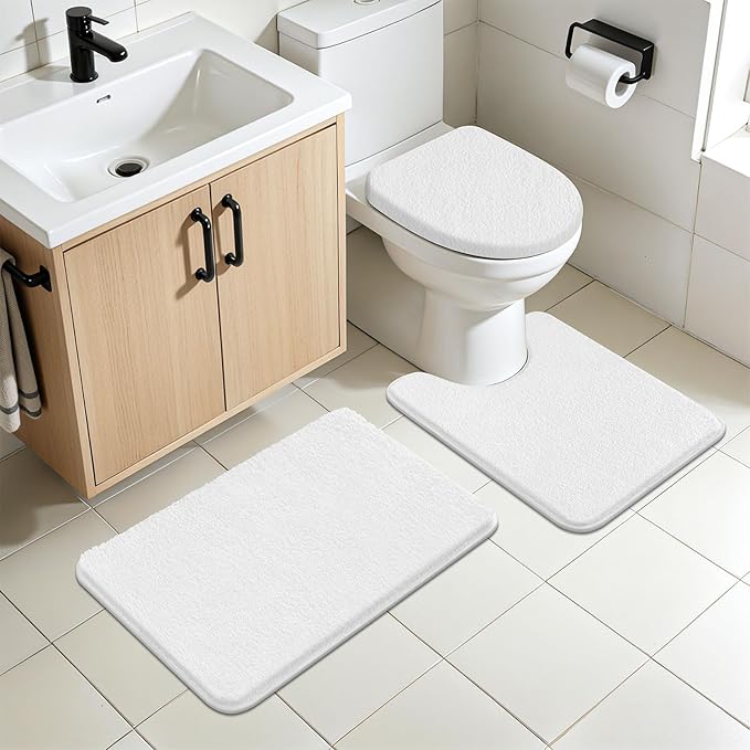 SHACOS White Bathroom Rugs 5 Piece Set - Non Slip Absorbent Washable Bath Mats with U-Shaped Toilet Rug & Lid Cover, Soft Microfiber Bath Rugs for Bathroom