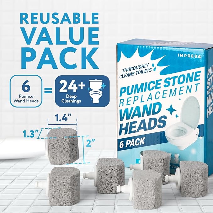 Impresa 6-Pack Pumice Stone Toilet Bowl Cleaner Refill Heads - Compatible with Clorox Toilet Wand Refills - Reusable Natural Stone Scrub Heads for Tough Stains