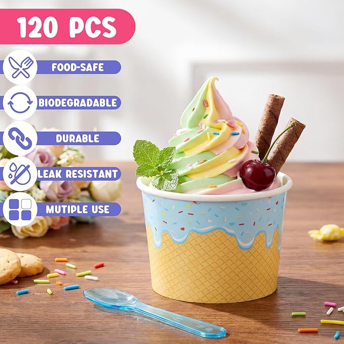 Jingmore 120 Set Paper Ice Cream Cups Bulk with Spoons 6 oz Disposable Sundae Bowls Colorful Paper Dessert Cups Containers for Snack Yogurt Soup Summer Bar Party Supplies