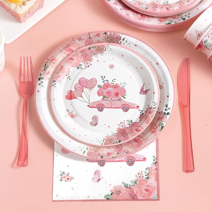 Love in Bloom Bridal Shower Decorations,168pcs Bridal Shower Plates and Napkins Sets Serves 24 for Pink Floral Wedding Party Supplies,Spring Love in Bloom Party Decorations, Baby Girl Shower