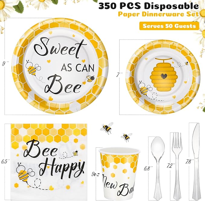 FillTouch 350 Pcs Bee Party Tableware for 50 Guests Baby Shower Bee Paper Plates Disposable Napkins Cups Plastic Knives Fork Spoon for Birthday Wedding