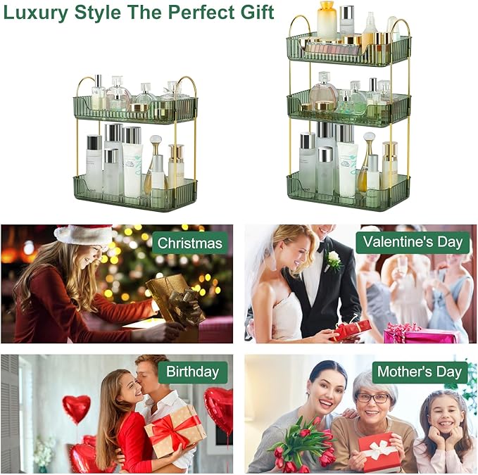 Bathroom Counter Organizer Skincare Organizer Perfume Holder for Dresser Countertop Shelf Bathroom Countertop Tray for Cosmetic Skin Care Lipstick (Green 2-Storey)