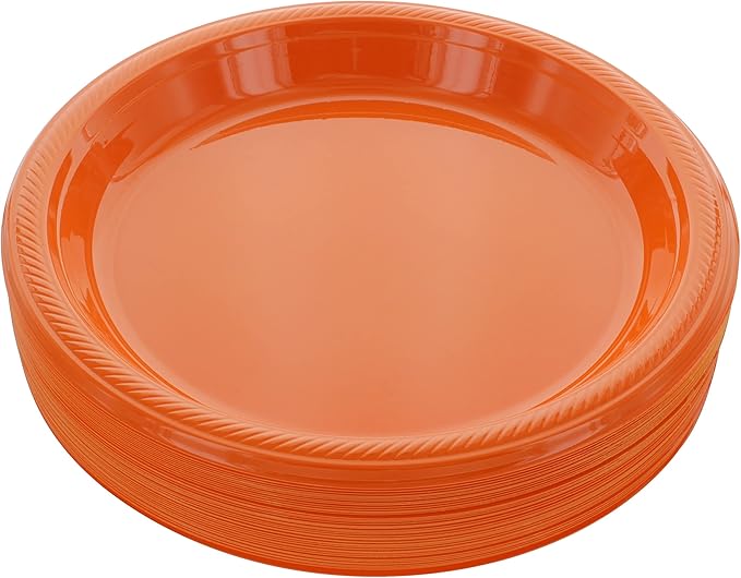 Amcrate Disposable Plastic Plates Orange, 10.4 Inches Plastic Dinner Plates, Strong and Sturdy Disposable Plates for Party, Dinner, Holiday, Picnic, or Travel Party Plates, Pack of 50