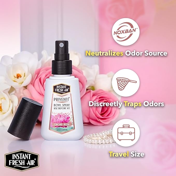 Priventi Toilet Spray & Bathroom Spray Odor Eliminator - Up to 120 Uses - Travel Size Odor Elimination for #2 - For Home, Office, Schools, Travel - Orchid Rose Fragrance - 2.4 oz