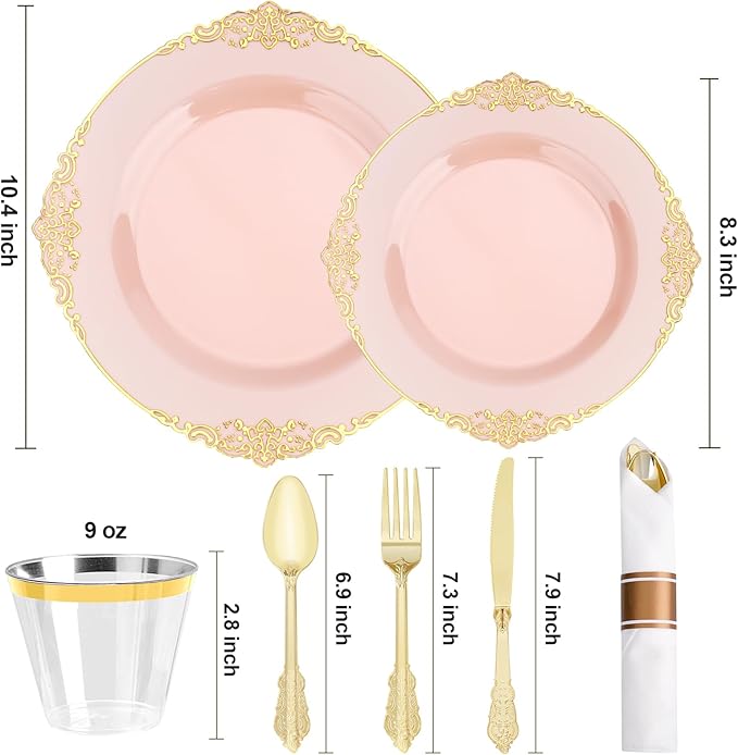 Realluck 350 PCS Pink and Gold Plastic Plates, Plastic Dinnerware Set for 50 Guests, 100 Disposable Plates, 150 Silverwares, 50 Cups, 50 Napkins for Party, Wedding, Graduation