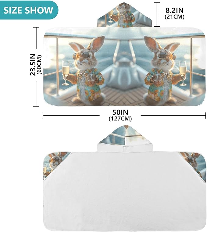Hooded Towel for Kids Rabbit with Sunglasses Drinking Beach Wrap Bath Towels 50x23.5in
