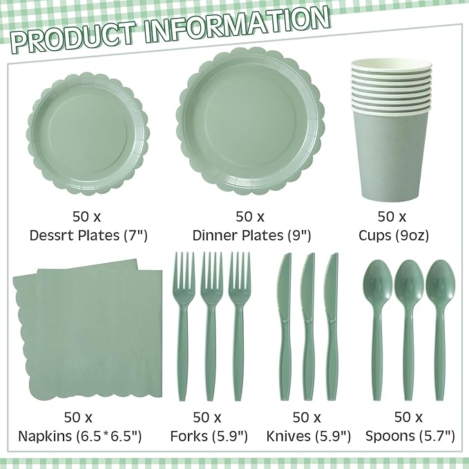 Ziliny 350 Pcs Sage Green Plates and Napkins, 50 Guest Graduation Party Supplies Include Scalloped Paper Plates Napkins Cups Plastic Spoons Forks Knives Disposable Tableware Set for Baby Shower