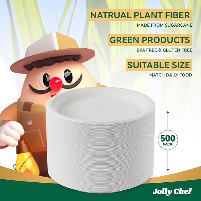 JOLLY CHEF Compostable Heavy Duty Plates 𝟭𝟬 𝗜𝗻𝗰𝗵 [𝟱𝟬𝟬 𝗣𝗮𝗰𝗸] Eco-Friendly Disposable White Uncoated Paper Plates Bagasse Sugarcane Biodegradable for Hot Cold Food Party Dinner Christmas