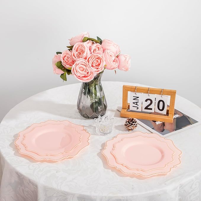 COLOSUS 60Pcs Pink and Gold Plastic Plates Set, Gold Pink Disposable Party Plates, 30pcs Dinner Plates and 30pcs Salad/Dessert Plates for Wedding, Party, Anniversary, Daily Use,Valentine's Day