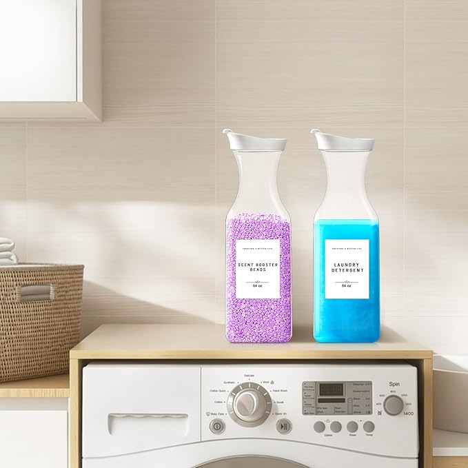 Laundry Detergent Dispenser Bottle 54oz with Waterproof Label for Laundry Detergent Soap Fabric Softener Scent Booster Beads, Sturdy PET Plastic Bottle, 2 Pack White