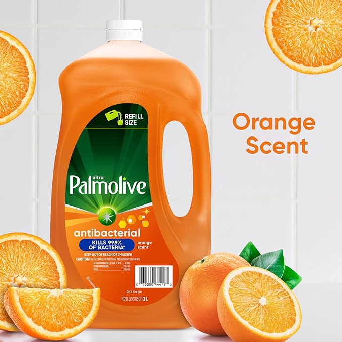 Ultra Palmolive Antibacterial Dishwashing Liquid Dish Soap Orange Scent, Refill 102 Fl. Oz. Kills 99.9% of Bacteria, bundled with Heavy Duty Scotch Brite Sponge