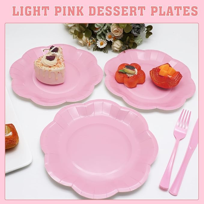 Light Pink Plates Party Supplies,9 inch Pink Paper Plates Disposable Scalloped for Birthday Cake Plate Baby Shower Dinner Wedding Dessert Party
