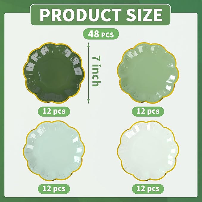 AimFun Sage Green Party Plates Gradient Green Dessert Paper Plate 7inch Gold Foil Scalloped Edge Disposable Cake Plates for Christmas Birthday Bridal Baby Shower Wedding Party Supplies (48)