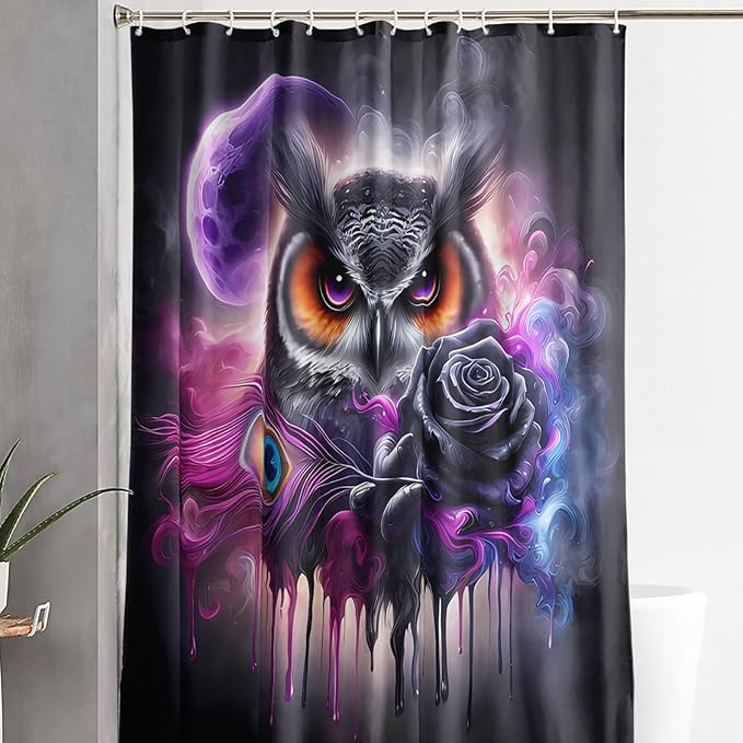 AILONEN Gothic Owl Shower Curtain Set,Purple Moon Animal Owl Bird Bathroom Decor for Kids Teens Adults,Black Rose Waterproof Shower Curtain with Hooks,36" Wx72 H