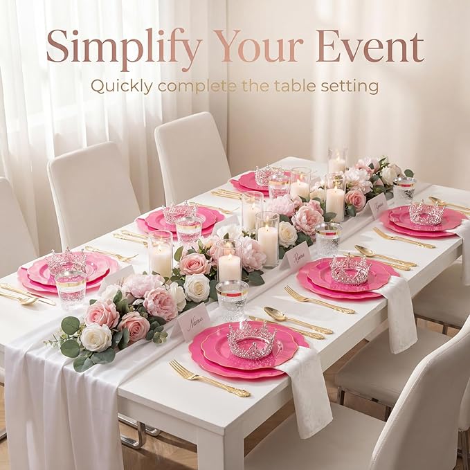 NOCCUR 175PCS Hot Pink Plastic Plates with Gold Disposable Silverware - Include 50 Hot Pink Plates,25 Knives,25 Forks,25 Spoons,25 Cups and 25 Napkins - Ideal for Party/Wedding/Banquet