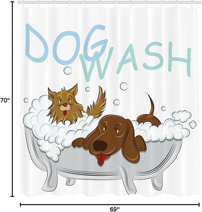 Ambesonne Cartoon Shower Curtain, Playful Dogs in a Bathtub Grooming Each Other Pets Theme Illustration, Cloth Fabric Bathroom Decor Set with Hooks, 69" W x 70" L, Brown White
