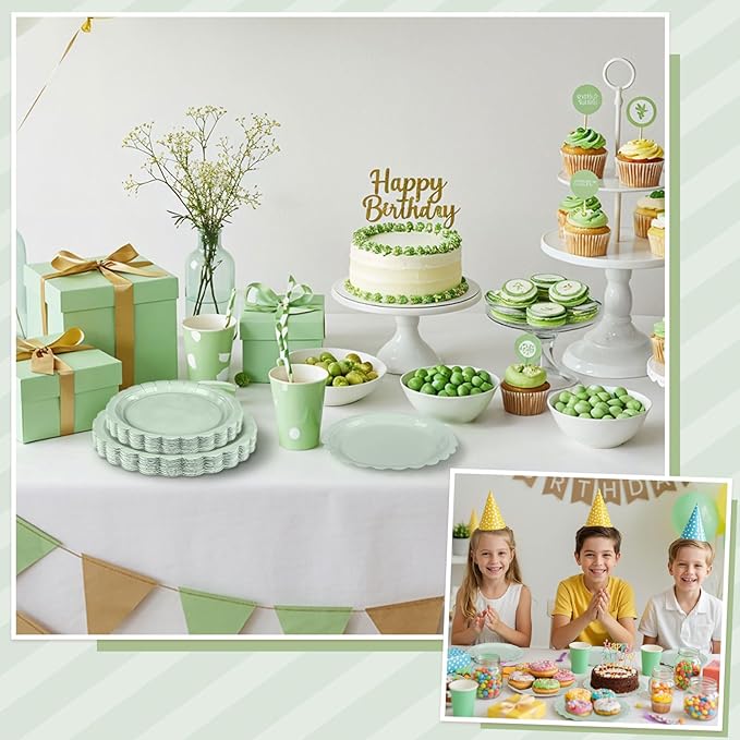 NatNarr 30 Pcs Dessert Plates Disposable, 7 Inch Scalloped Sage Green Birthday Cake Plates Small Appetizer Paper Plate for Baby Bridal Shower, Wedding