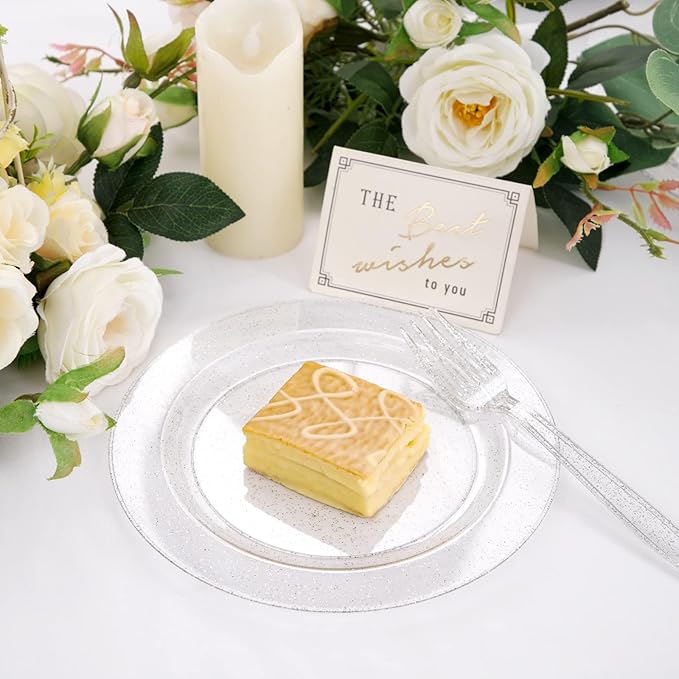WDF 120PCS Silver Plastic Plates- Disposable Silver Glitter Plates, Premium Heavy Duty 60-10.25" Dinner Plates and 60-7.5" Salad Plates for Wedding Baby Shower Spring Birthday