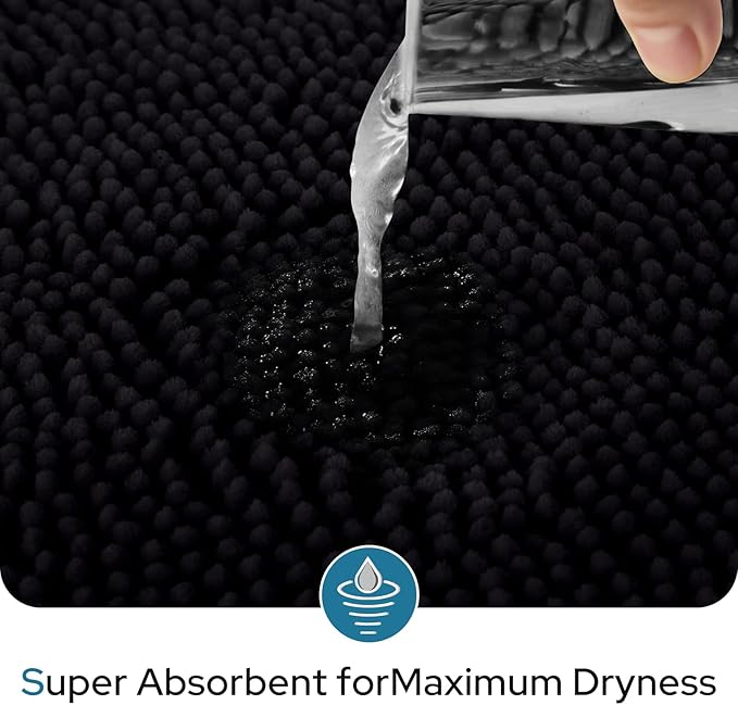 BYSURE Black Bathroom Rugs Sets 3 Piece with Toilet Lid Cover Non Slip Extra Absorbent Plush Chenille Soft Washable Bath Mats