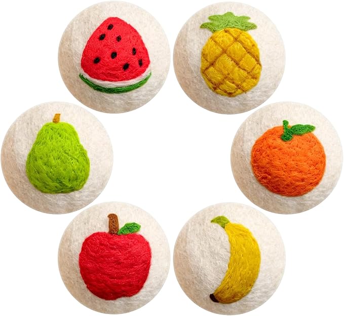 Wool Dryer Balls XL 6 Pack, Reusable Laundry Dryer Balls with Cute Fruit Design, Reduce Drying Time, Soften Clothes, Anti Static, Eco Friendly Dryer Sheets Alternative